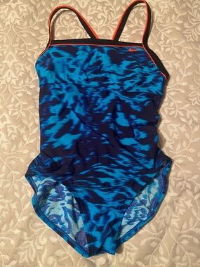 Nike Blue One-Piece Swimsuit with Orange Accents.  Small